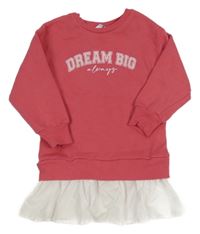 Jahodová tepláková tunika s nápisy a bílým volánkem PRIMARK