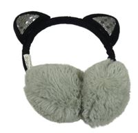Šedo-černé chlupato/sametové klapky na uši s oušky s flitry