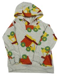 Světlešedá melírovaná mikina s nákladními auty a kapucí St. Bernard