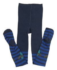 Tmavomodro-modré melírované pruhované pančuchy s lietadly