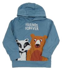 Modrošedá mikina s medvídkem a mývalem a nápisy a kapucí H&M