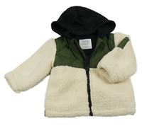 Smetanovo-khaki huňato/šusťáková zateplená bunda s kapucí F&F
