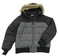 Tmavošedo-černý melírovaný prošívaný šusťákový zimní bomber s odepínací kapucí s kožešinou H&M