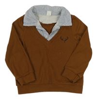 Hnedá rebrovaná mikina s parohy a všitou košilí SHEIN