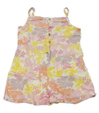 Bílo-růžovo-fialovo-žluté lněné laclové kraťasy s květy a lístečky M&S