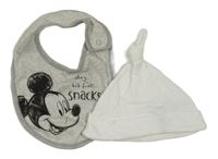2Set - Bílá čepice M&S + šedo/bílý pruhovaný bryndák s Mickey George