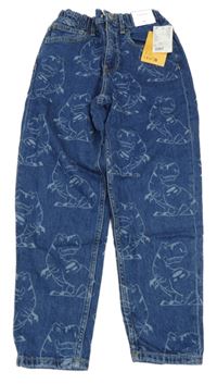 Nové - modré loose fit waist tapered leg rifle s dinosaurami H&M