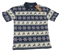 Tmavomodro-smetanové vzorované polo tričko s vločkami a jeleny PRIMARK