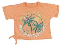 Neónově oranžové crop tričko s nápisy a palmami s flitrami Matalan