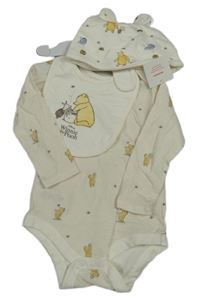 Nové - Krémovo-béžové pruhované body s Púem + slinták + bavlnená čapica Tu