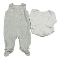 2set - Světlešedé melírované sametové dupačky s medvědem + bílé žebrované body Nutmeg