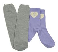 2x ponožky - levandulové so srdcem + šedé melírované