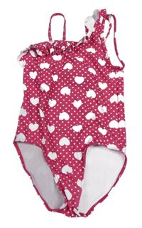 Malinové puntíkaté jednodílné plavky se srdíčky a volánem