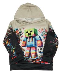 Béžovo-černo-barevná mikina s Minecraft a kapucí