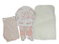 Nové - 7set - Biely kvetovaný overal + čepice + body + biele prepínaci triko + deka + slinták + svetloružové legíny