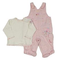 2set - Světlerůžové plátěné podšité laclové kalhoty s výšivkami květin + bílé triko George