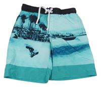 Tyrkysové plážové kraťasy s palmami a surferom H&M