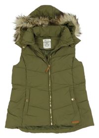 Khaki šusťáková zateplená vesta s kapucí s kožešinou H&M