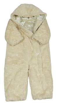 Béžová kožešinová zateplená kombinéza se srdíčky a kapucí Mothercare