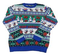 Modro-zeleno-biely vzorovaný vianočný sveter Primark