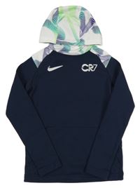 Tmavomodrá thermo funkční mikina s bílou vzorovaný kapucí Nike