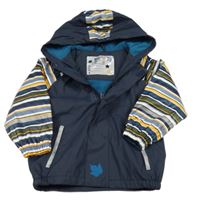 Tmavomodrá nepromokavá jarná bunda s farebnymi pruhovanymi rukávy a kapucňou Lupilu