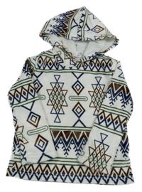 Bielo-modro-zelená vzorovaná plyšová mikina s kapucňou