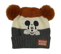 Hnedo-krémovo-tmavosivá pletená čapica s Mickeym a bambulemi Primark