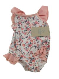 Bílo-růžové květované jednodílné plavky s volánkem Primark