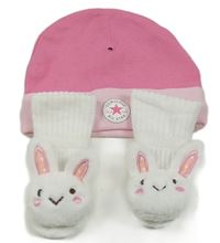 2set - Růžová čepice s logem + bílé ponožky s králíčky 