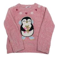 Ružový žinylkový sveter s tučňákem Primark