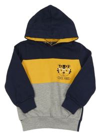 Tmavomodro-hořčicovo-sivá mikina s tigrom a kapucňou Kiki&Koko