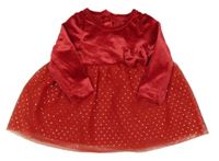 Červené sametovo/tylové šaty s puntíkatou sukní C&A