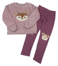 2set - Lila plyšová mikina s jelínkem + fialové puntíkaté zateplené legíny s jelínky C&A
