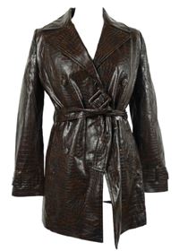 Dámský hnědý vzorovaný koženkový kabát s páskem MNG 