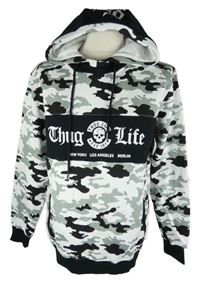 Pánska čierno-sivo-biela army mikina s nápisom a kapucňou Thug Life