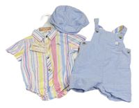 3set- modrý plátěný laclové kraťasový overal+ barevné pruhované košilové body+ modré bekovka 