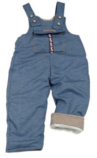 Modré zateplené laclové kalhoty s nápisem 