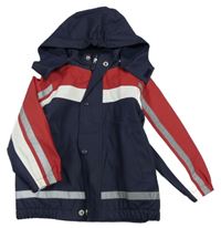 Tmavomodro-červreno-biela nepromokavá jarná bunda s kapucňou