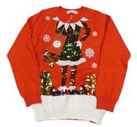 Nové - červeno-biely sveter s obrázkem z flitrů