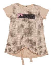 Svetloružové tričko s písmeny a síťkou a mašlou