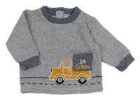 Tmavomodro-biela melírovaná tepláková mikina s nákladním autom a vreckom