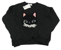 Nové - Černý třpytivý svetr s kočkou H&M