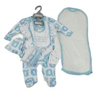 Nové - 8pack - Bílo-modrý overal + body + bryndák + čepice + rukavice + 3x žínka Nursery time