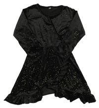 Čierno-zlaté trblietavé zamatové šaty s volánikmi