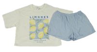 2set - Bílé  oversize crop tričko s citrony + světlemodré kraťasy H&M