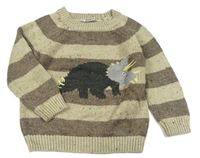 Béžovo-hnedý pruhovaný melírovaný pletený sveter s dinosaurom M&Co
