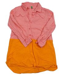 Korálovo-oranžové plátenné košeľové šaty Benetton