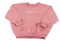 Korálová oversize mikina s nápisy a srdiečkami a vreckom s volánikmi Matalan