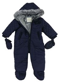 Tmavomodrá prošívaná šusťáková zimní kombinéza s kapucí s kožešinou + rukavice George